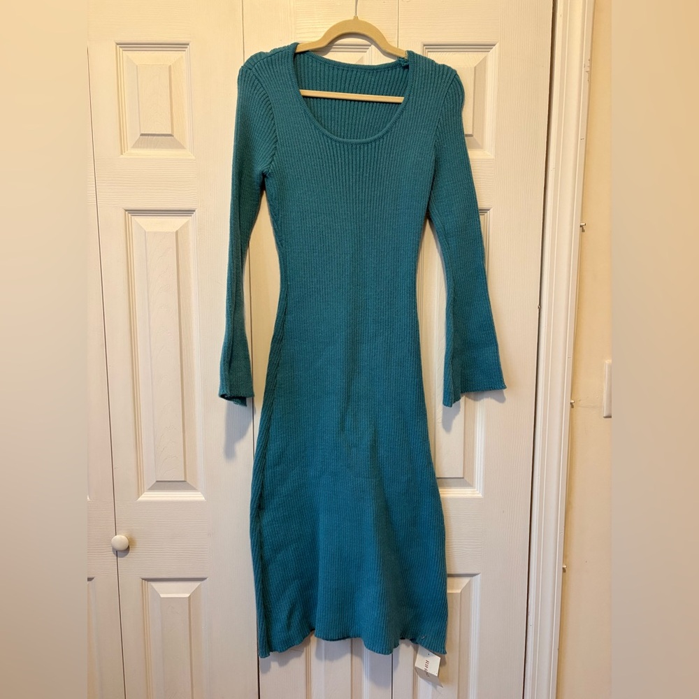 RIHOAS Teal Long Bell Sleeve Knit Dress